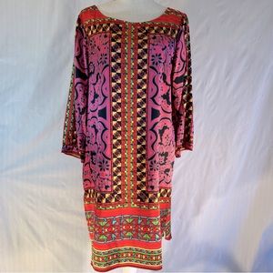 Hale Bob Silk Pink Red Black Boat Neck 3/4 Sleeves BoHo Loose Fit Dress L